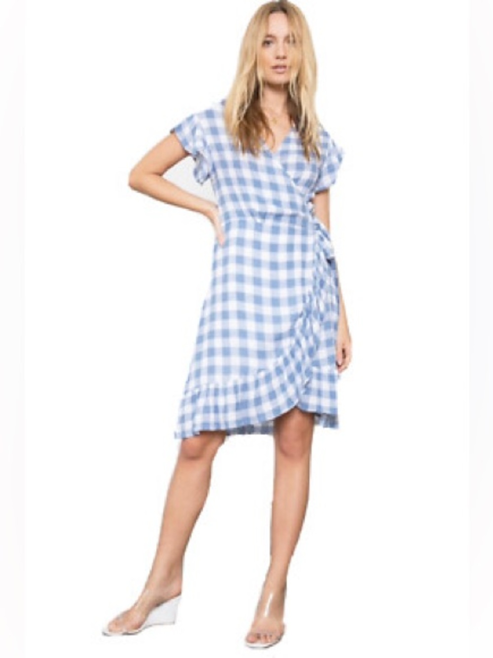 Rails Blue and White Gingham Wrap Midi Dress - Picture 2 of 6